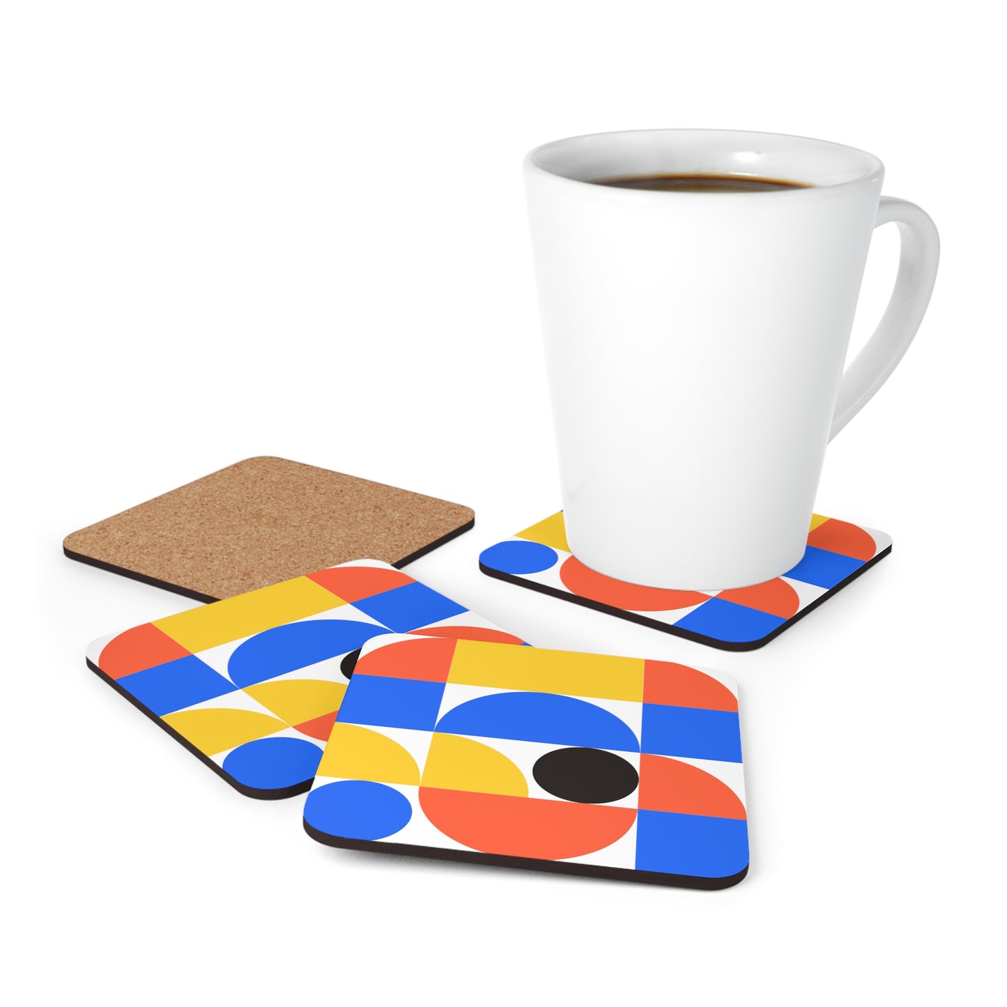 Abstract Colourful Bauhaus Cork Coasters Set of 4 in use