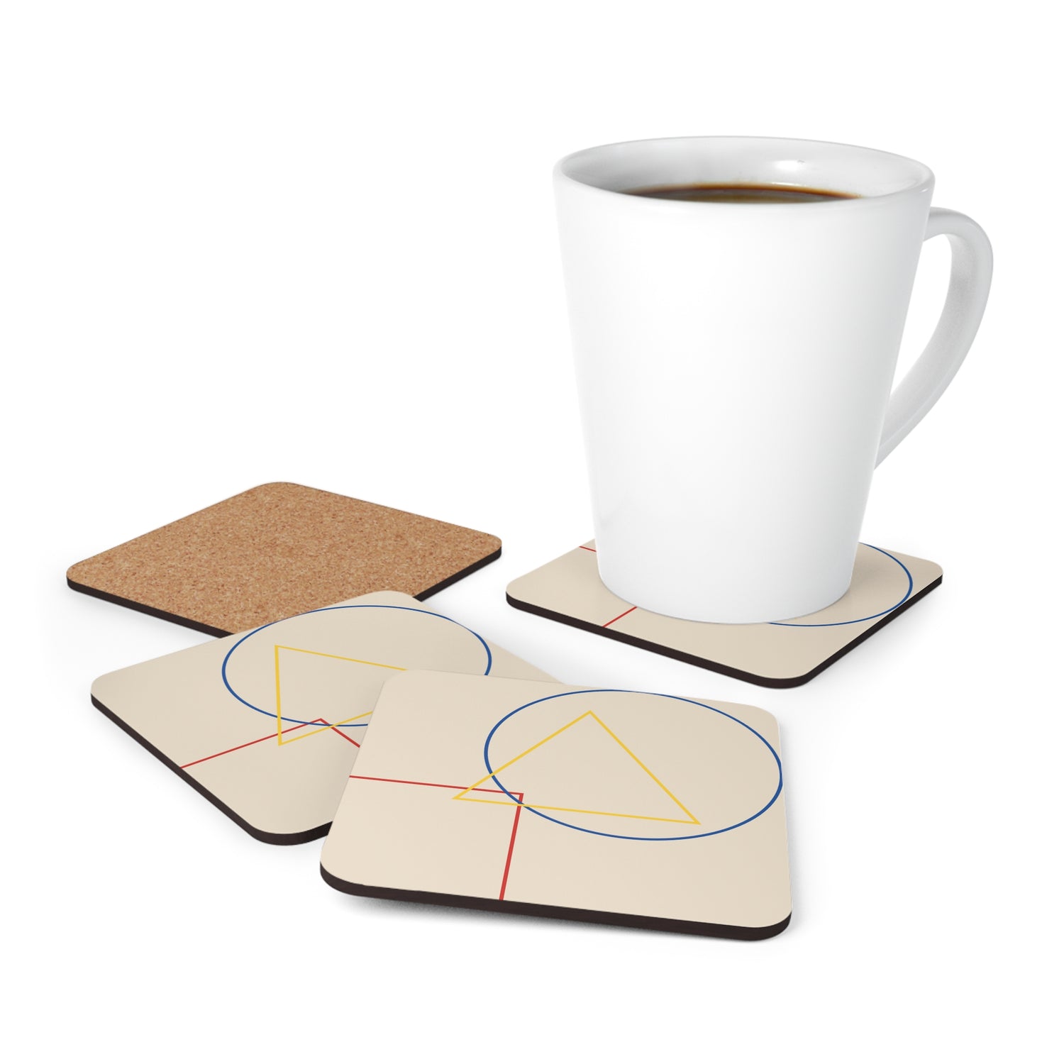 Minimalistic Lined Shape Bauhaus Cork Coasters Set of 4 in use