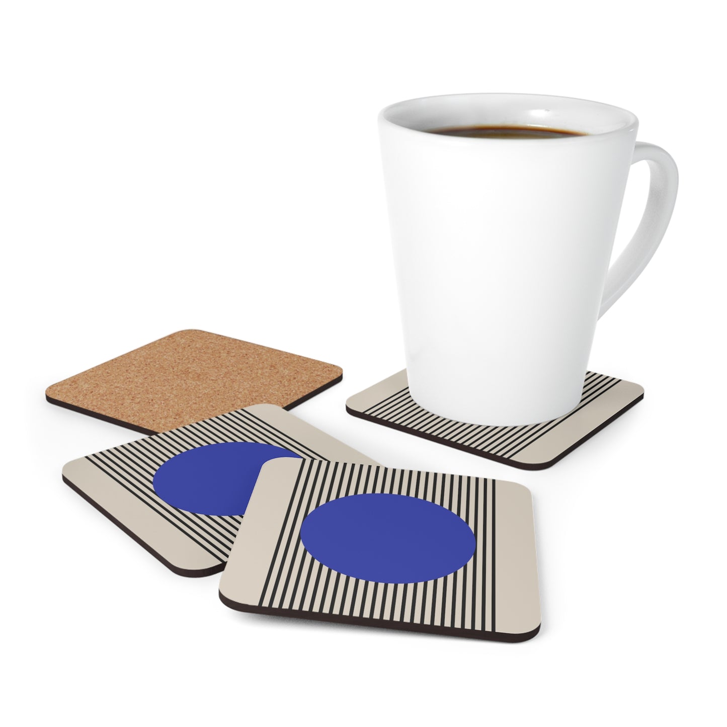 Blue Bauhaus Cork Coasters Set of 4 in use