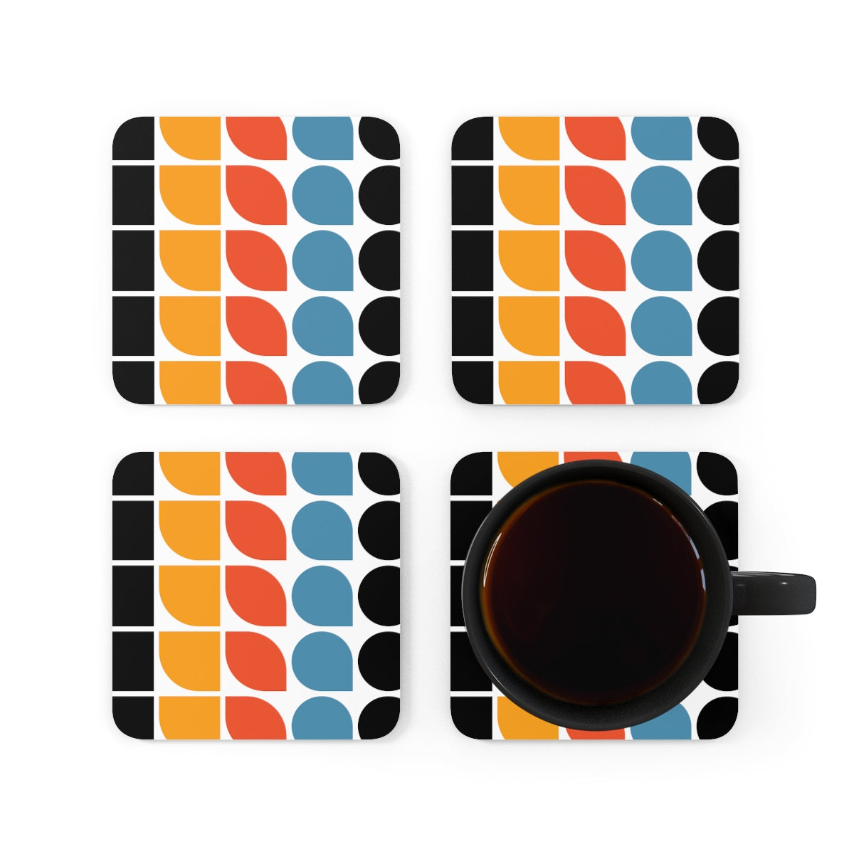 Geometric Colourful Bauhaus Cork Coasters Set of 4 in use