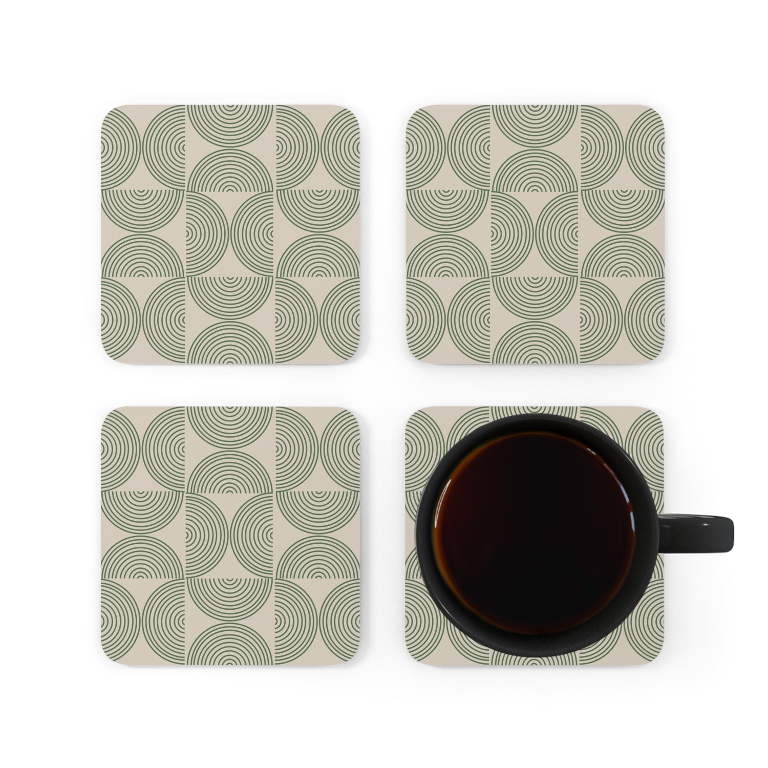 Green Pattern Bauhaus Cork Coasters Set of 4 in use