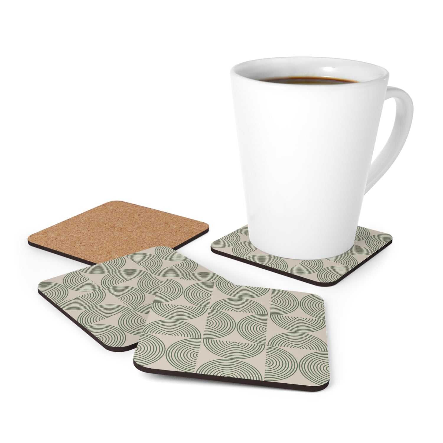 Green Pattern Bauhaus Cork Coasters Set of 4 in use