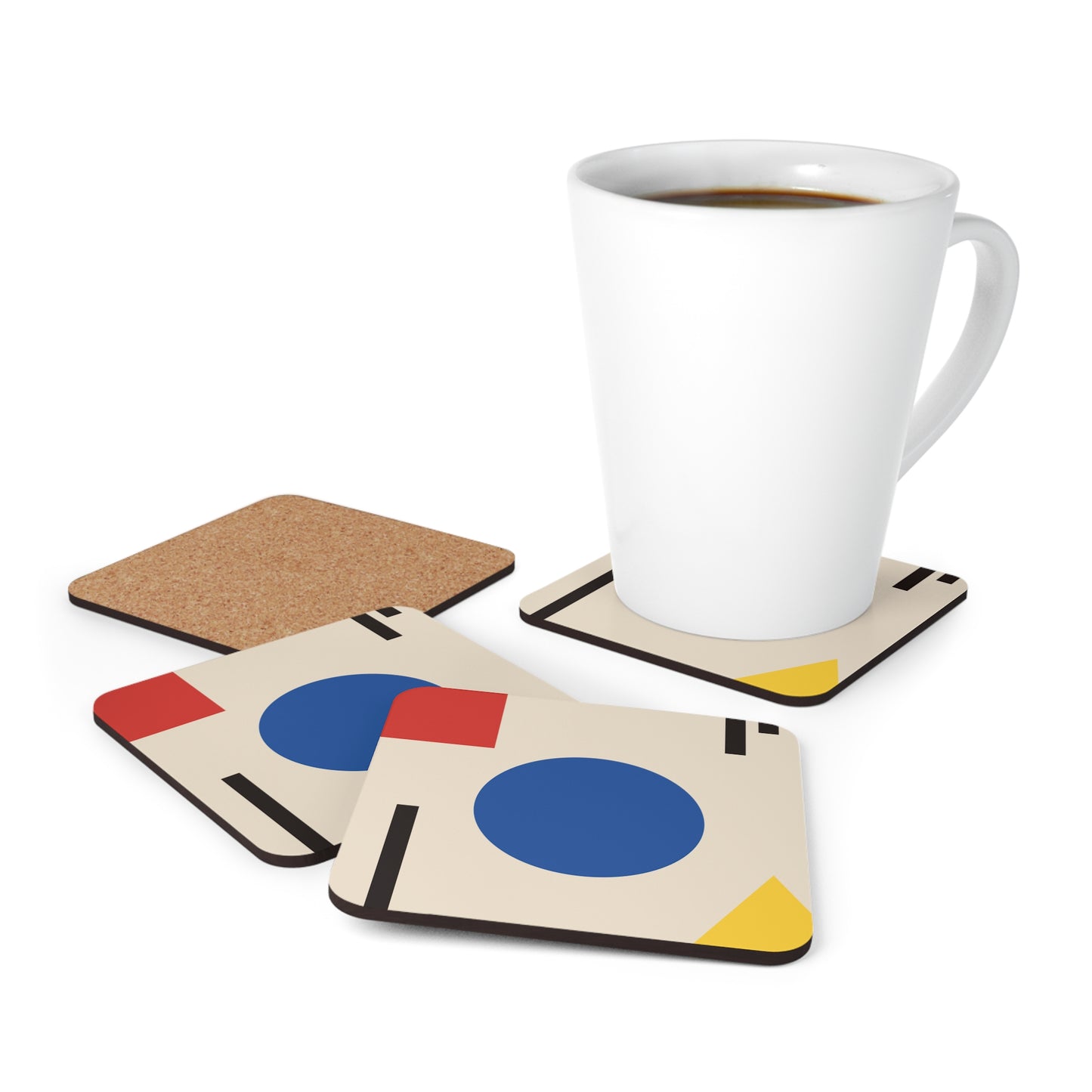 Block Shaped Bauhaus Cork Coasters Set of 4 in use