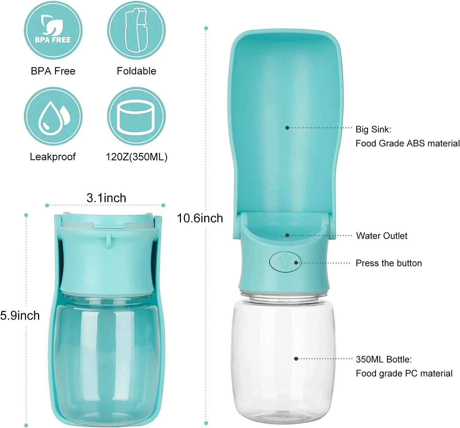 Dimensions/features of the Portable Pet Travel Bottle