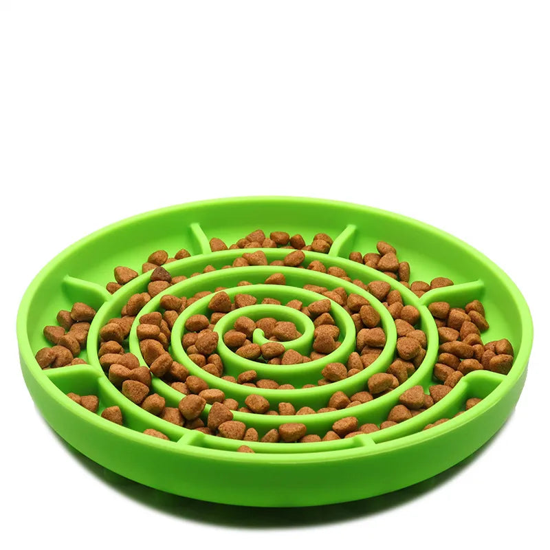 Green Slow Feeder Bowl with kibble 