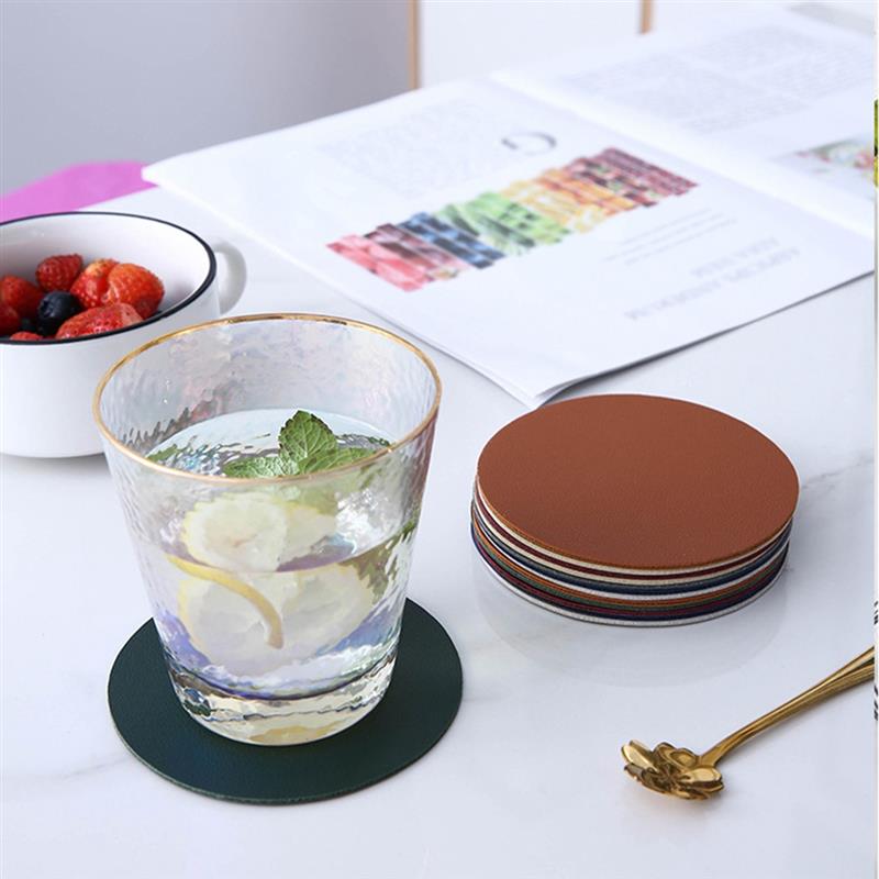 Faux leather coasters in use 