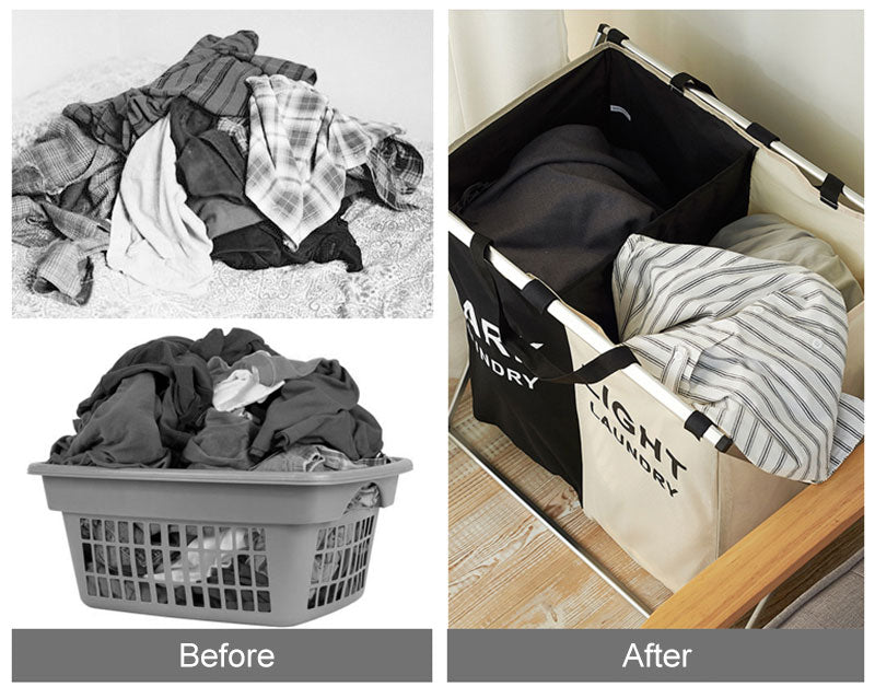 Example of typical messy laundry basket where dark and light items are mixed compared to the laundry basket seperator