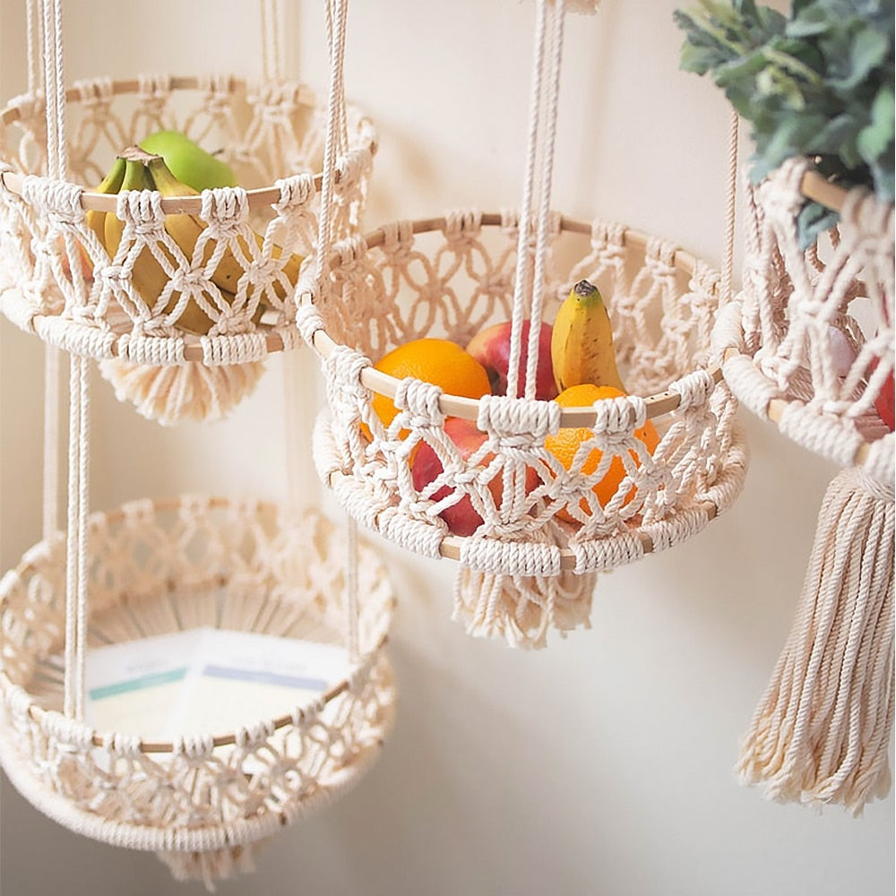 Multiple Macrame Hanging Baskets in use