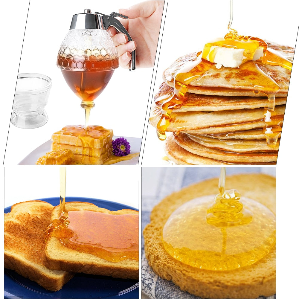 Honey dispenser being used on toast and pancakes