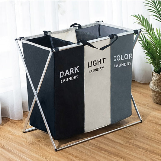 Collapsible Laundry Basket Separator, Dark Light Color Baskets on wooden floor, in front of white drapes. 