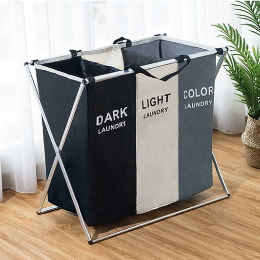 Collapsible Laundry Basket Separator, Dark Light Color Baskets on wooden floor, in front of white drapes.