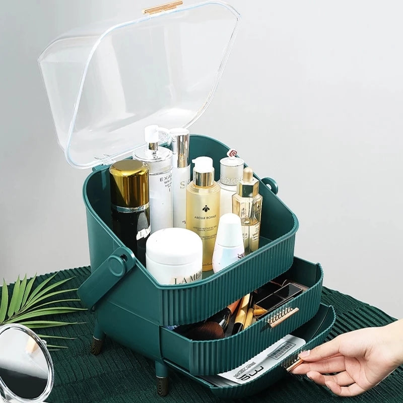 Aqua Makeup Storage box with products in use