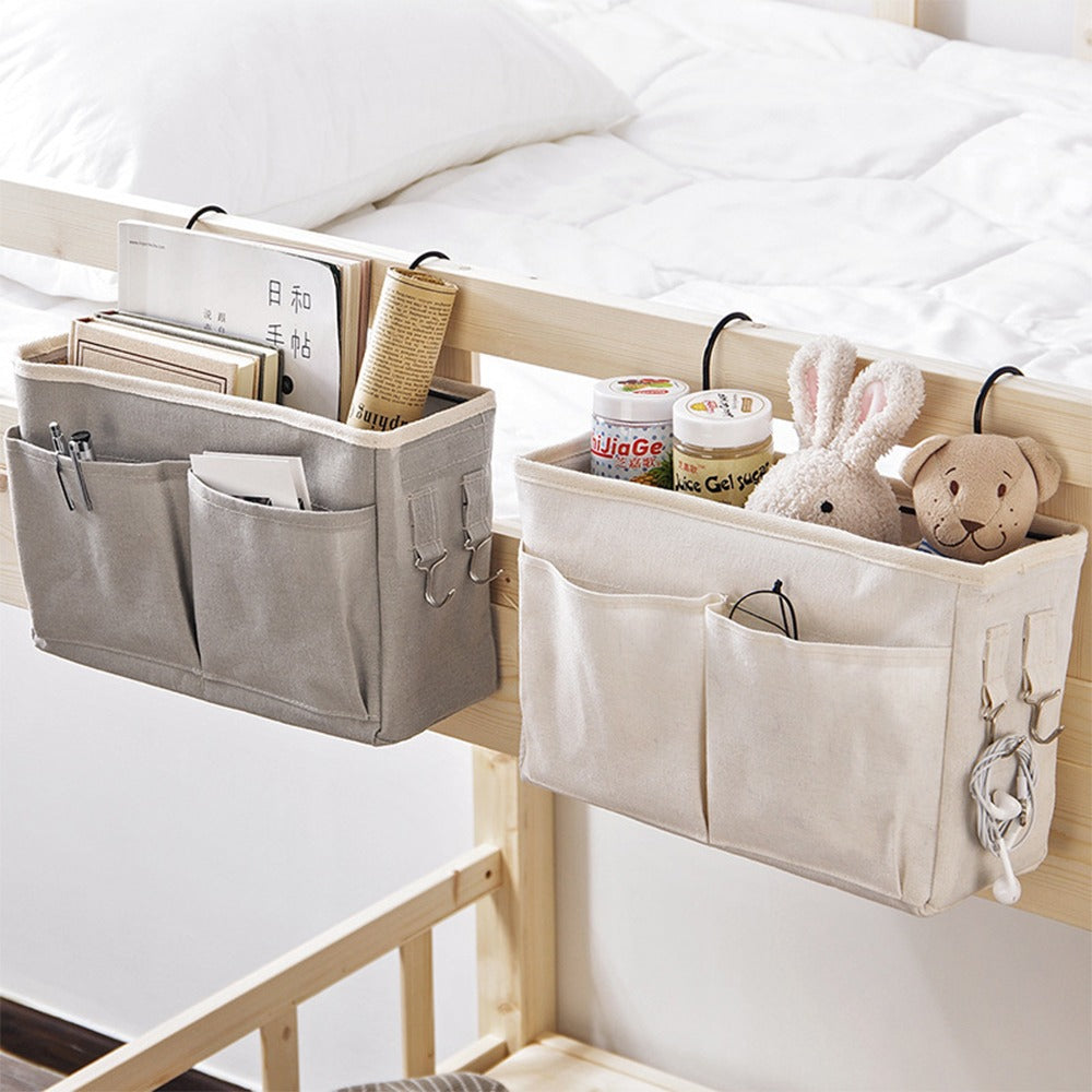 Cream and grey canvas bedside hanging storage bag